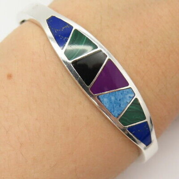 925 Sterling Silver Vintage Mexico Multi-Color Gem Hinged Bangle